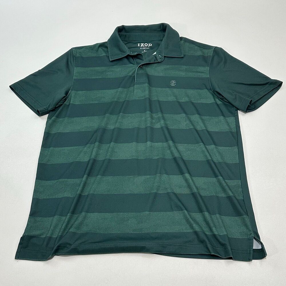 IZOD Men's Golf Polo Shirt Forest Green Striped Stretch Performance Tech, Size M